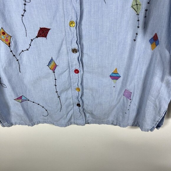 Vintage Button Up Chambray Top Kite Design Embroidery Womens Sz Large Cotton - Picture 4 of 8